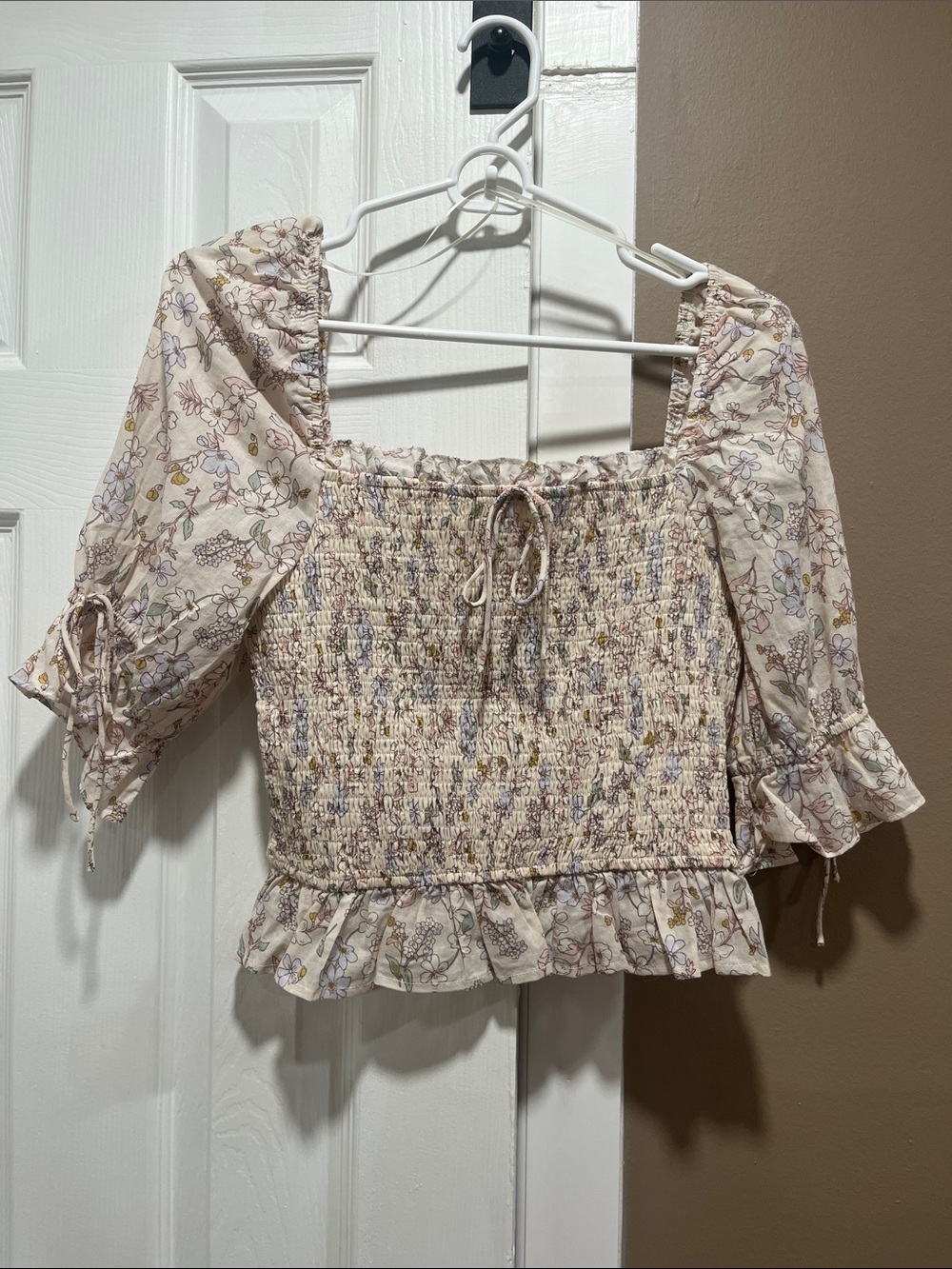 Floral Smocked Square-Neck Crop Top in Light Cream